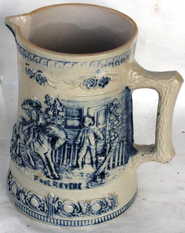 EMBOSSED SALT GLAZE PITCHER, WITH: PAUL REVERE SCENE, MAN, WOMAN & MOTTO ON BACK, SMALL OLD FILLED CHIP TO "P" IN PAUL, 6 3/4" H, 5 1/4" DIA.