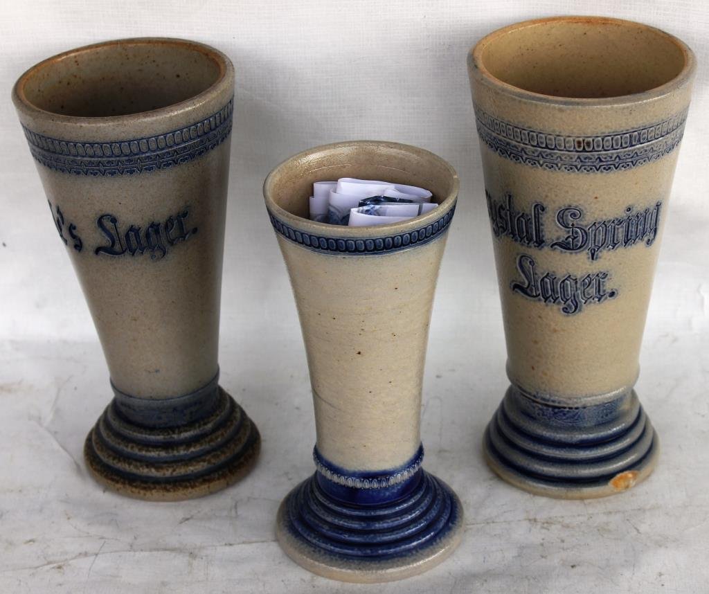 LOT OF 3 STONEWARE LAGER GLASSES,: 1 INCISED CRYSTAL SPRINGS LAGER, 1 HABERLE'S LAGER, 1 UNMARKED WITH SMALL CHIP, 6" - 7" H