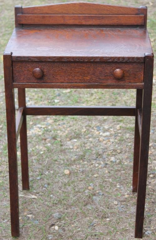 SMALL MISSION STYLE DESK OR PHONE TABLE,: QUARTERED OAK, INSIDE DRAWER SHOWS STICKLEY LABEL, ORIGINAL FINISH, 34" H, 21" W, 15 1/4" D