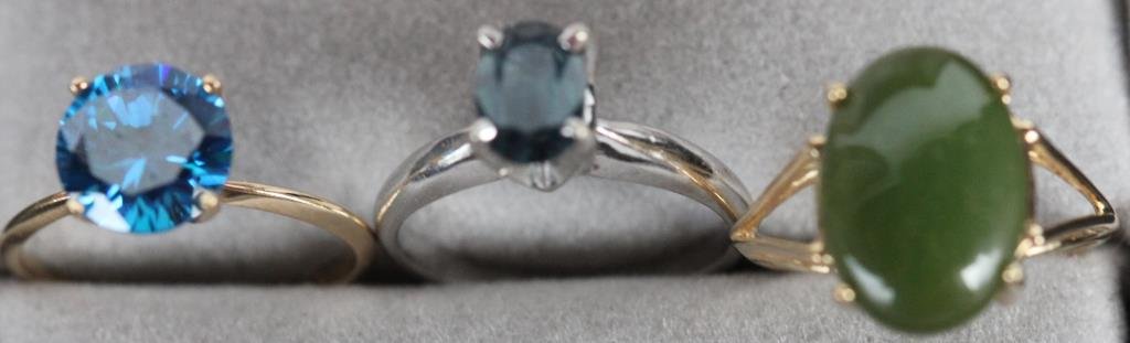 LOT OF THREE 14K GOLD LADIES RINGS: SET WITH VARIOUS STONES, APPROX. SIZE 6, 8 GRAMS TOTAL WT.