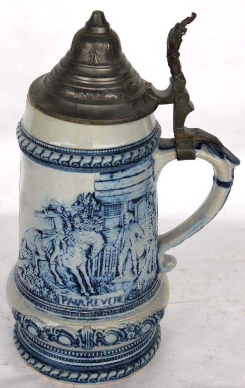 SALT GLAZE LIDDED STEIN WITH GEORGE WASHINGTON AND: PAUL REVERE SCENE, 10 3/4" H, 4 1/2" DIA.