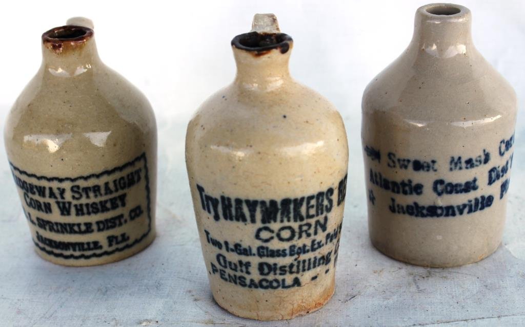 LOT OF 3 MINIATURE FLORIDA ADVERTISING JUGS,: HAYMAKER'S CORN WHISKEY-PENSACOLA, ATLANTIC COAST DISTRIBUTORS-JACKSONVILLE, RIDGEWAY STRAIGHT CORN WHISKEY-JACKSONVILLE, APPROX. 3" H, APPROX. 3" H