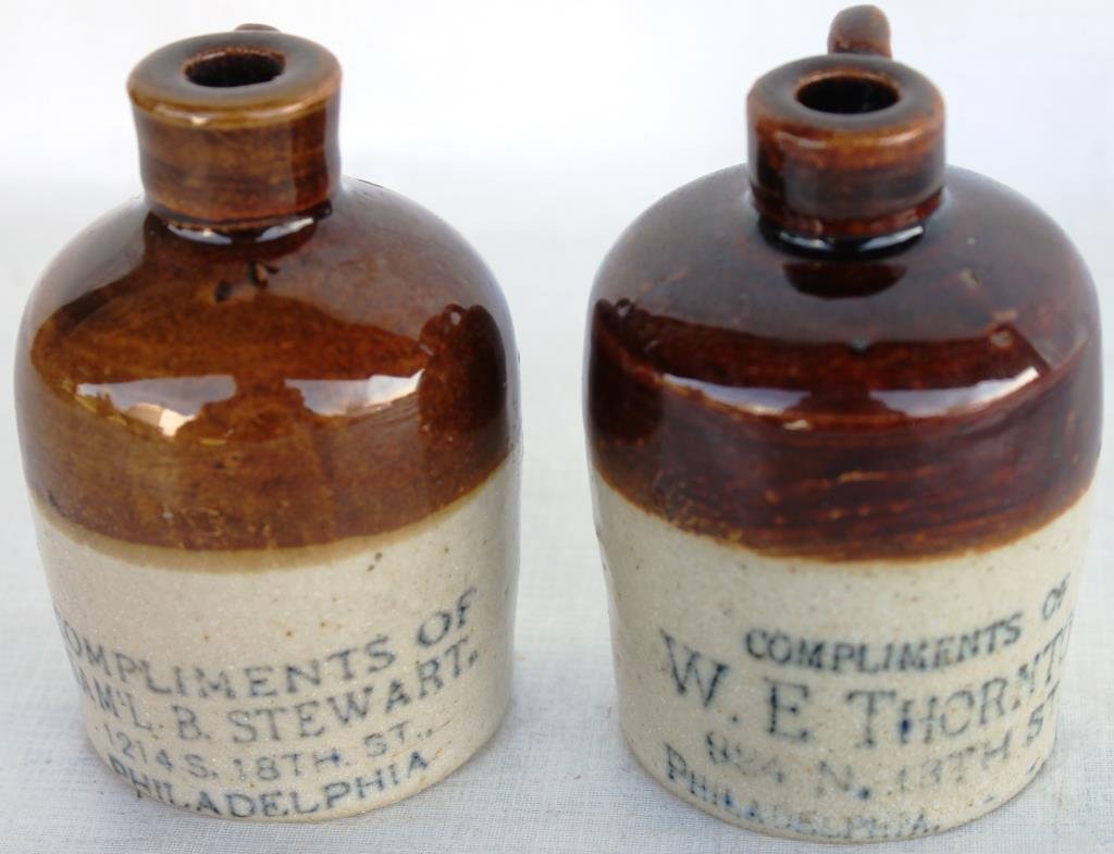 2 PHILADELPHIA MINIATURE ADVERTISING JUGS,: W.E. THORTON & SAM'L B. STEWART, 3" H