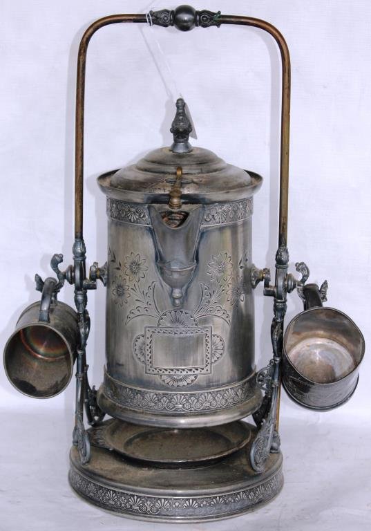 VICTORIAN SILVER PLATED KETTLE ON STAND: WITH NOT MATCHING MUGS, PLATE WORN, 18 1/4" H, 13" W