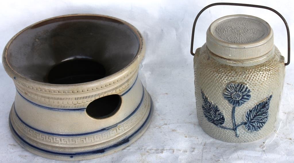 SALT GLAZED STONEWARE SPITTOON: TOGETHER WITH SALT GLAZED COVERED JAR, COVER AS IS, 5" - 6 1/4" H, 4 1/2" - 8" DIA.