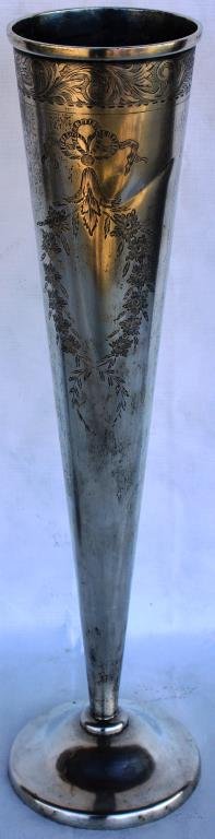 LARGE STERLING SILVER VASE,: WITH EDWARDIAN ENGRAVED DESIGN, 20" H, 33 TOTAL oz, BASE SHOWS WEIGHT, ESTIMATED SILVER 20 oz