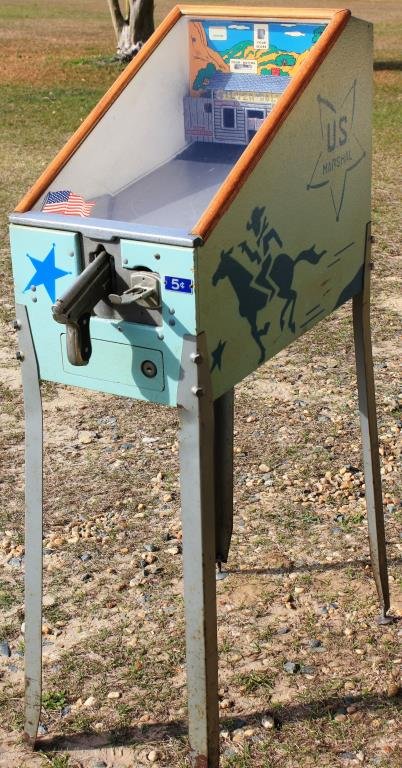 VINTAGE SILVER DOLLAR SHOOTING GAME: DEPICTING WILD WEST SALOON AND POST OFFICE, 54" H, 14 1/2" W, 28" D, CLEAN OVERALL CONDITION
