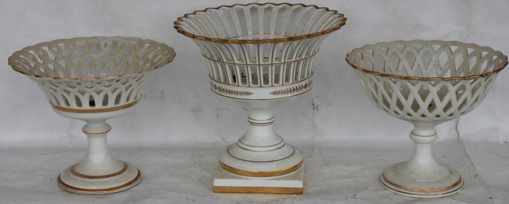 3 FRENCH & PORTUGAL WHITE PORCELAIN: OPEN COMPOTES, 7 1/4" - 9 1/4" H, 9" - 9 1/2" DIA., ONE SHOWS REPAIR