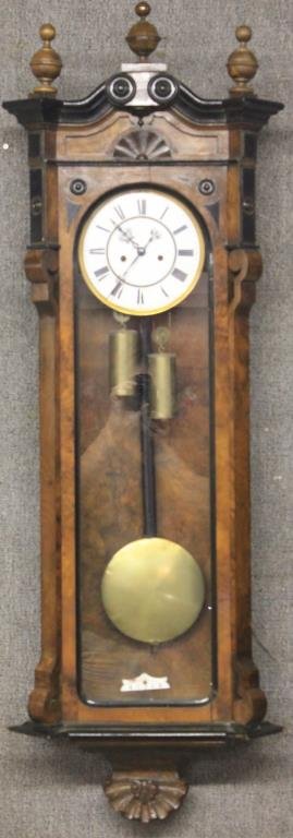 LATE 19TH C. BURL WALNUT WEIGHT DRIVEN WALL CLOCK: ENAMEL DIAL, ORIGINAL PENDULUM, 46" H, 15 1/2" W, 6 1/2" D, UNKNOWN WORKING CONDITION