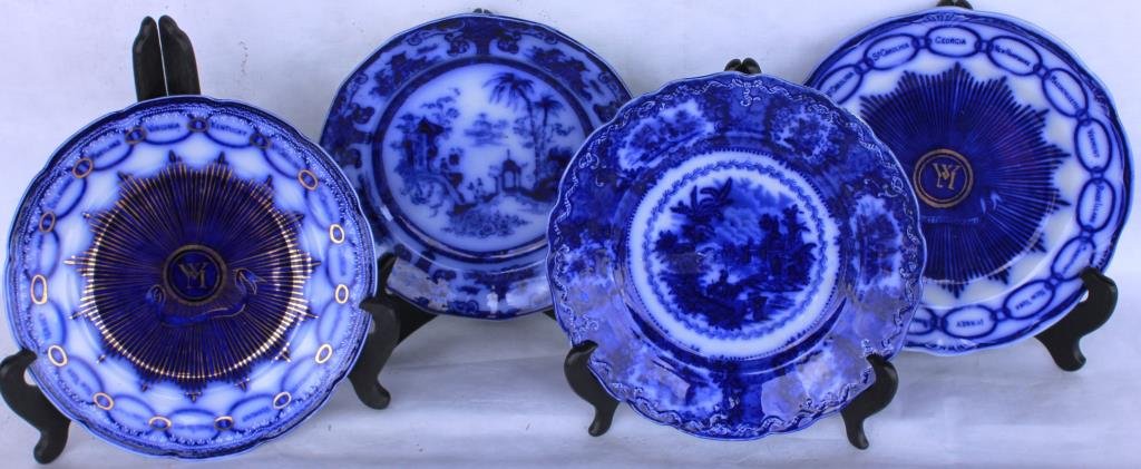 FOUR FLO BLUE PLATES, ORIENT, NING-PO,: AND TWO STATES PLATES, 8 1/2" - 9" DIA.