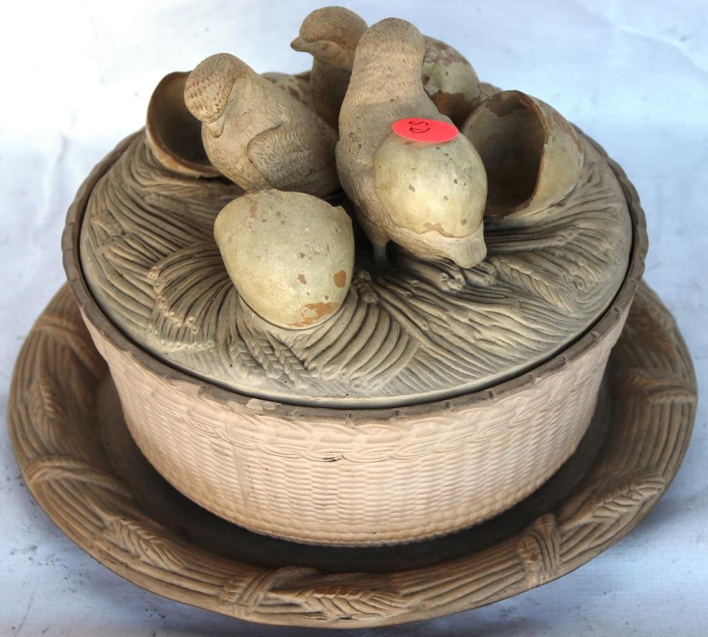 19TH C. EARTHENWARE COVERED DISH: WITH CHICKS & EGGS TOP, AND WHEAT DESIGNED UNDER PLATE, OVERALL 6 1/2" H, 9" W, 7 1/8" DIA. LID SHOWS SOME FLAKE TO GLAZE AND TOP