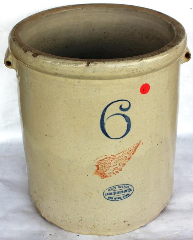 REDWING 6 GALLON OPEN CROCK,: MISSING METAL HANDLES, 14 1/2" H, 12 3/4" DIA.