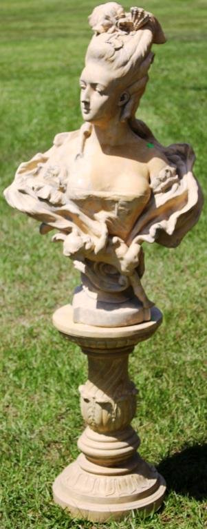 EARTHENWARE BUST OF VICTORIAN WOMAN: WITH CHERUB, ON ACANTHUS LEAF BASE, 52 1/2" W, 20" W, 12" D