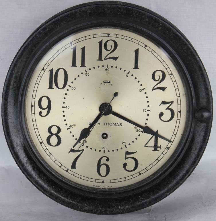 ROUND SETH THOMAS SHIP OR GALLEY CLOCK,: 10 1/2" DIA., 3" D