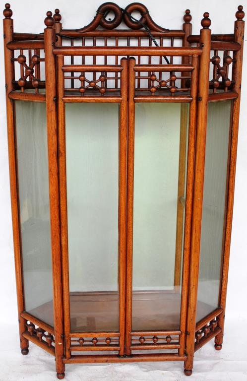 LATE VICTORIAN OAK STICK & BALL WALL: HANGING CURIO CABINET, 34" H, 21" W, 9" D, WITH LIGHT