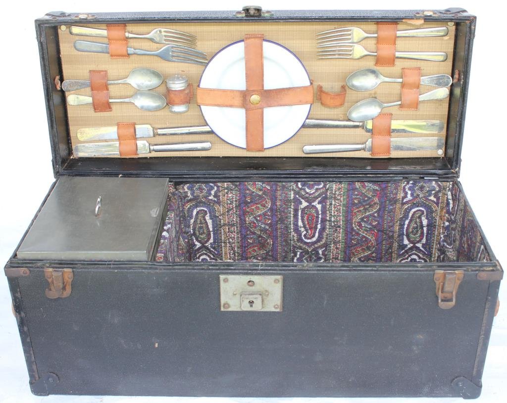 UNUSUAL EARLY 1920s MODEL T, PICNIC SET,: RELINED INTERIOR, FITTED WITH ITEMS, 10 3/4" H, 22 3/4" W, 9" D