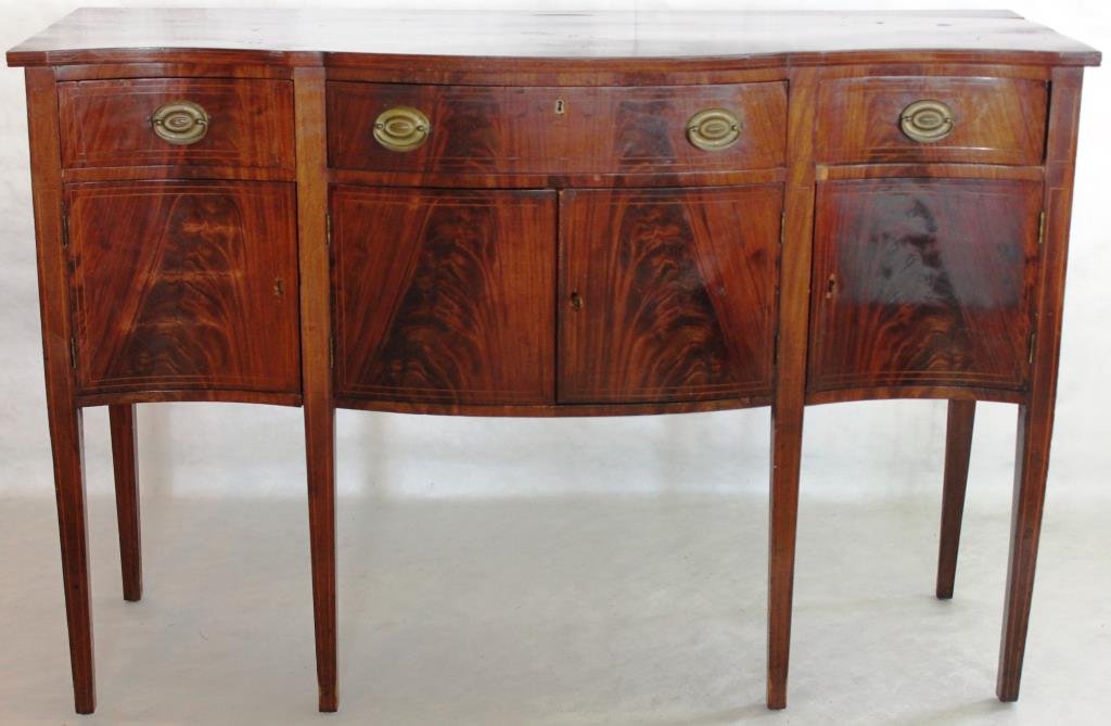 19TH C. SERPENTINE FRONT HEPPLEWHITE SIDEBOARD: STRING INLAY, BRASS HARDWARE, SHOWS RESTORATION AND VENEER CHIPS, 40 3/4" H, 60 1/2" W, 21 1/4" D