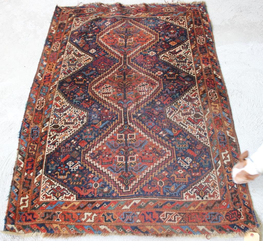 ORIENTAL RUG, 3' 7" X 5' 1", ANTIQUE SHIRAZ: WITH ANIMAL FIGURES, SHOWS SOME LOSS TO FRINGE