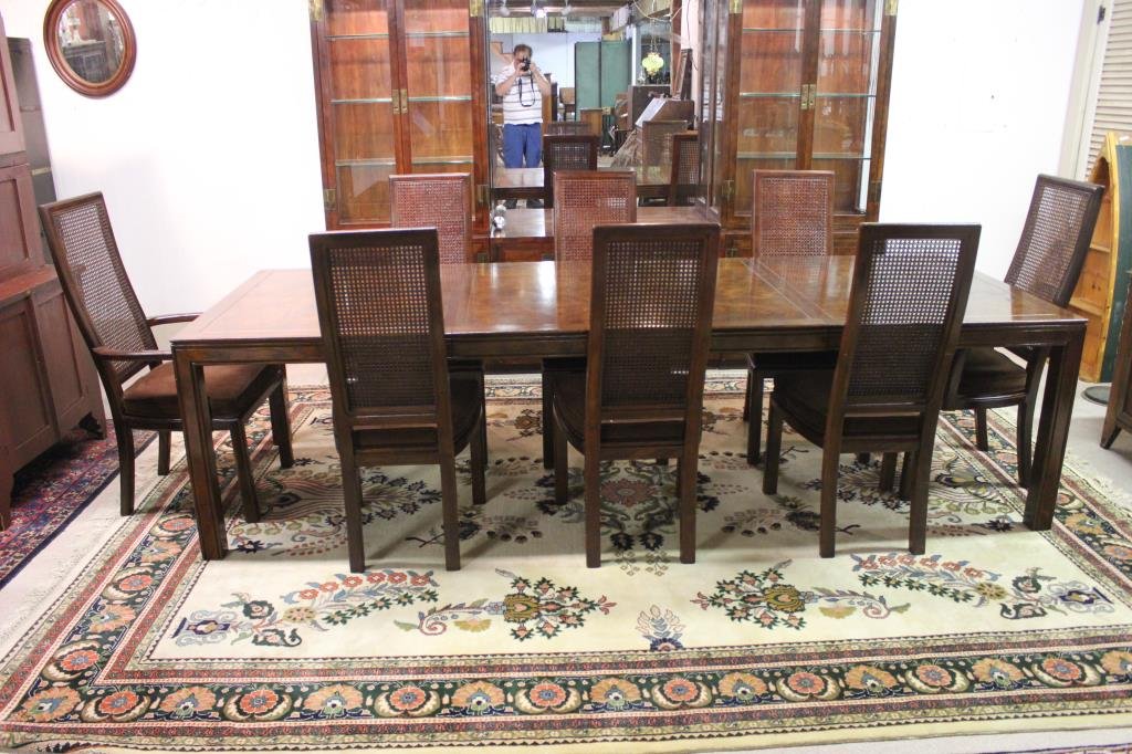 CONTEMPORARY 10 PC. ASIAN INFLUENCE DINING SET: BY HENREDON TO INCLUDE LARGE CHINA CLOSET WITH SERVER BASE, 8 CHAIRS, DINING TABLE WITH 2 LEAVES, SERVER 81 3/4" H, 109 1/4" L, 18" D, 42" CHAIR HEIGHT, TABLE 28" H, WITH LEAVES 110 1/4" X 42", LEAF S