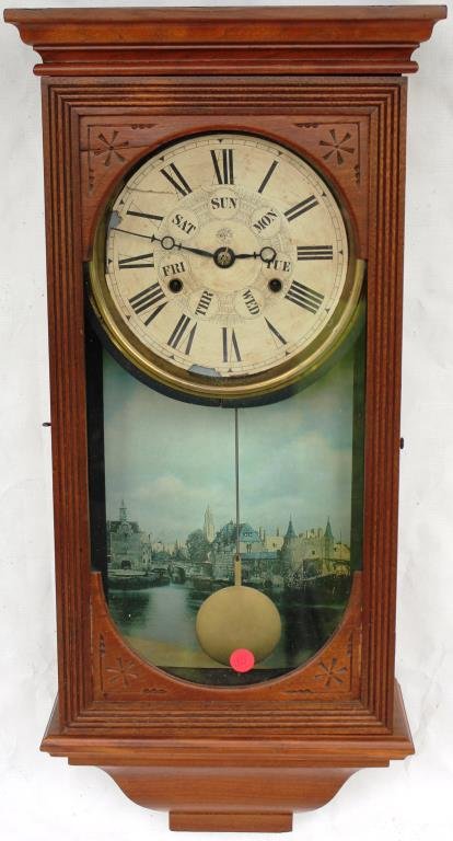 VICTORIAN OAK WALL CLOCK, JEROME & COMPANY: NATURAL FINISH, WALNUT, REPLACED PENDULUM, HOUR SPRING AS IS, OCCASIONAL WORKING CONDITION, SHOWS SOME CRACKING, 27 1/2" H, 12 1/2" W, 15" D