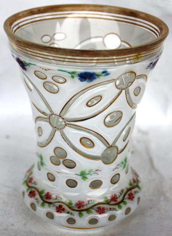ENAMELED & GILT CUT OVERLAY VASE,: WHITE TO CLEAR, 5" H, 3 3/4" DIA.
