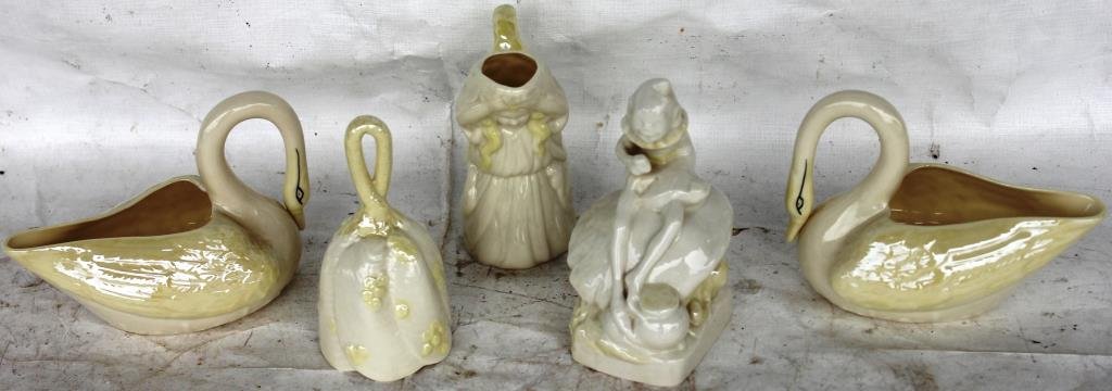 5 PCS. OF FIGURAL BELLEEK, TO INCLUDE: ELF ON A TOADSTOOL, FIGURAL CREAMER, 2 SWAN CREAMERS AND A BELL, GREEN MARK, 4 1/4" - 5 1/2" H
