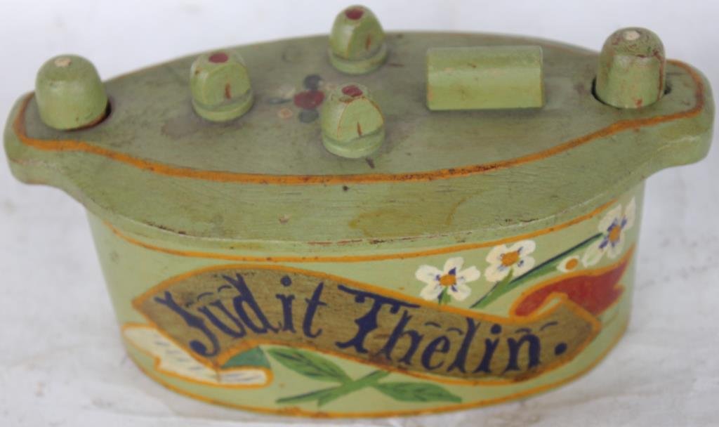 EARLY SWEDISH PAINTED PUZZLE BOX,: DATED 1919, 4" H, 7" W, 3" D