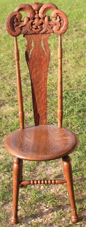 ORNATELY CARVED VICTORIAN SIDE CHAIR WITH: GARGOYLE TOP, QUARTERED OAK, ROUND SEAT, 44"H X 16"D OLD REFINISH