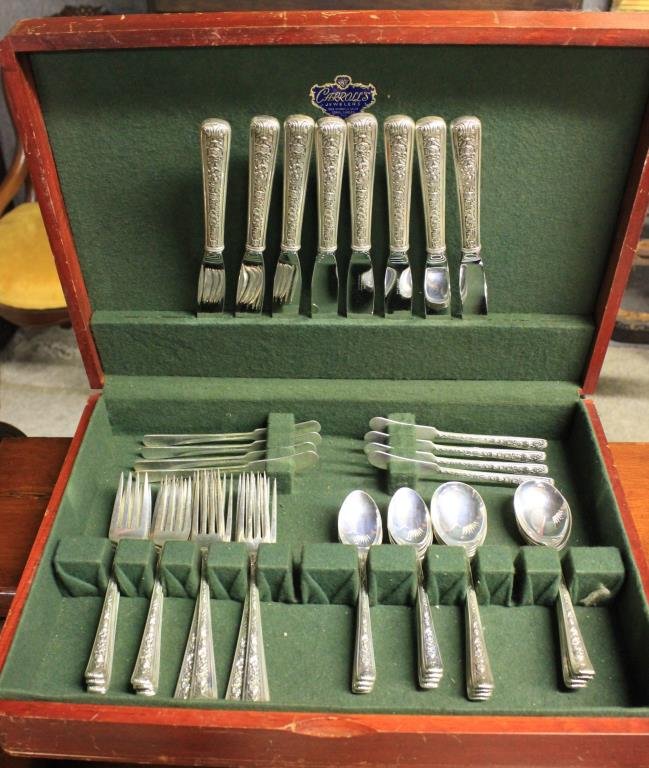 WATSON STERLING SILVER 6 PC PLACE SETTING FOR 8: PATTERN IS WINDSOR ROSE AND FLATWARE WEIGHTS 46.7 TROY OUNCES PLUS 8 DINNER KNIFE HANDLES