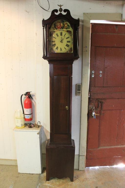 19TH C. TALL CASE CLOCK WITH WAG ON THE WALL: MOVEMENT, PINE, REFINISHED CONDITION, WEIGHT DRIVEN. 88" OVERALL HEIGHT, 15" W X 10.25"D