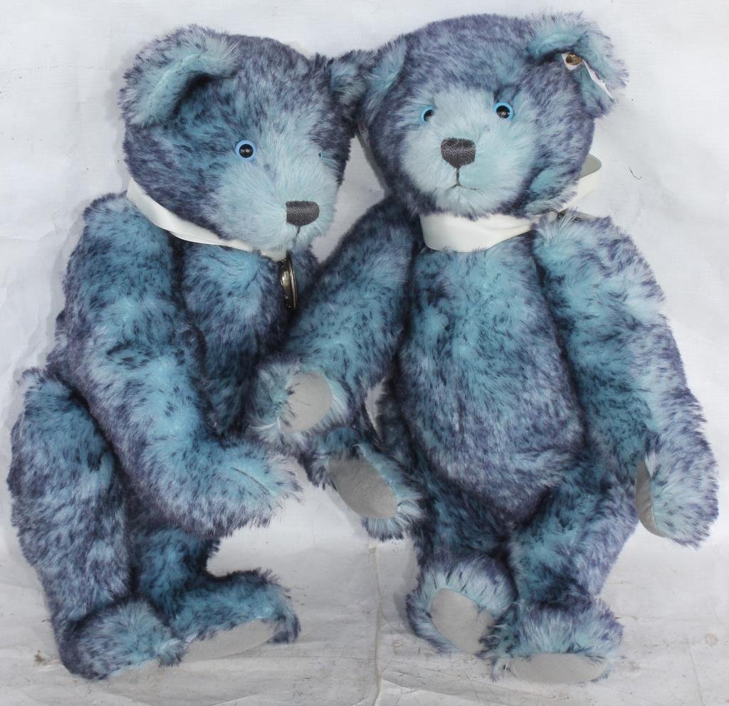 STEIFF ORIGINAL TEDDY BEAR 1908, BLUE 35: NO BOXES, BOTH HAVE LOCKETS (1 HAS 1/2 A LOCKET), OTHERWISE, NO CONDITION ISSUES