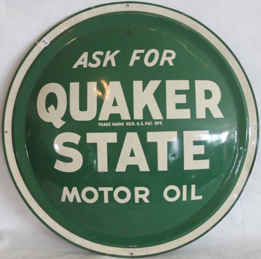 ROUND LITHO TIN QUAKER STATE MOTOR OIL SIGN: 23.5" DIAMETER