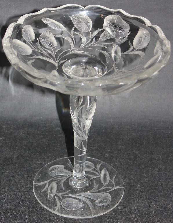 INTAGLIO CUT TAZZA WITH HOLLOW STEM,: POLISHED PONTIL, GREAT QUALITY, NO VISIBLE DAMAGE 9"H X 7.75"D