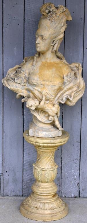 LATE 19TH C. PLASTER BUST OF WOMAN ON PEDESTAL: OVERALL HEIGHT IS 52", 20"W X 12"D. PEDESTAL HEIGHT IS 20"