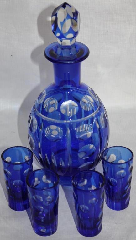 5 PC. COBALT CUT OVERLAY LIQUOR SET: GLASSES ARE 2.75"H, DECANTER IS 9" H WITH STOPPER