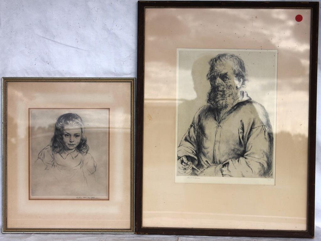 2 FRAMED AND GLAZED ETCHINGS PORTRAIT OF YOUNG: GIRL AND OLDER MAN, BY ARTHUR WILLIAM HEINTZELMAN. 10" X 8.5" AND 14.5" X 10.75" SIGHT
