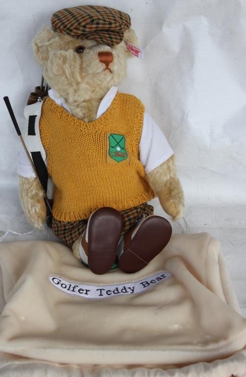 STEIFF GOLFER BEAR W/ ACCESSORIES & BAG: 13"