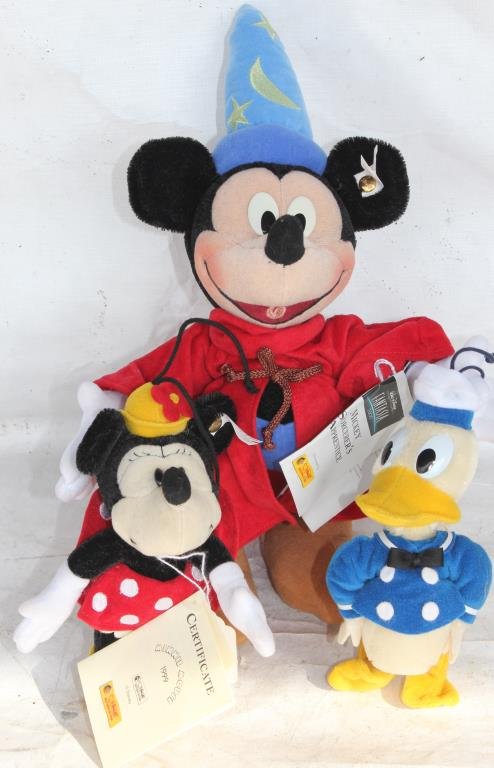 LOT OF 3 STEIFF DISNEY CHARACTER DOLLS TO INCL.: DONALD, MICKEY AND MINNIE MOUSE. 6.5 TO 11". ALL HAVE TAGS, NO BOXES