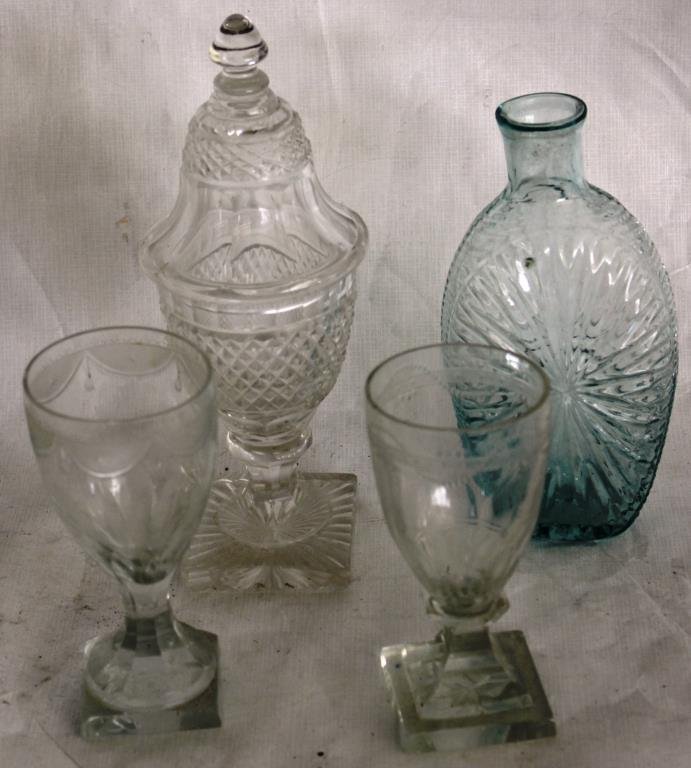 LOT OF EARLY GLASS TO INCLUDE TWO: ETCHED WINES, WATERFORD STYLE URN, AND EARLY SUNBURST FLASK, AS IS, 5" - 8 1/2" H