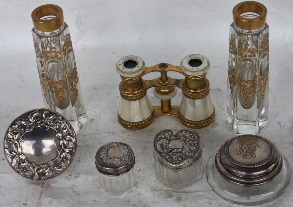 QUALITY LOT OF STERLING COVERED BOXES: GILT PERFUMES, AND MOTHER OF PEARL OPERA GLASSES, 1 1/2" H - 5 1/2" H