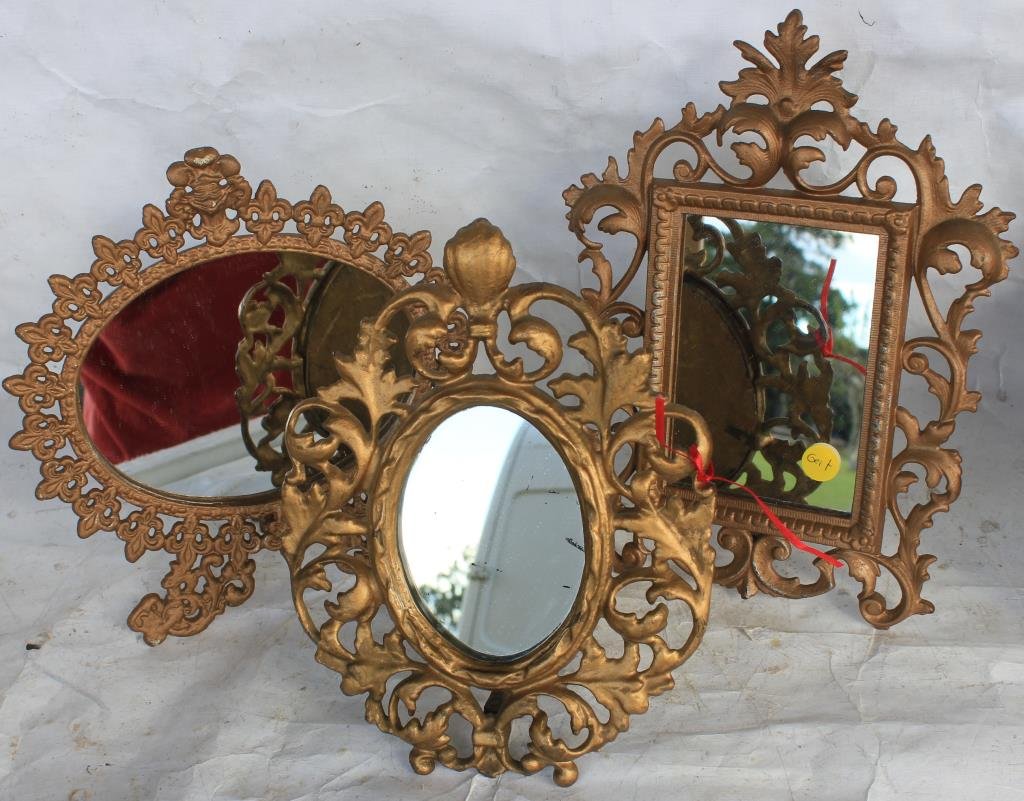 3 ORNATE CAST IRON TABLE MIRRORS: 10 1/2" - 12" H