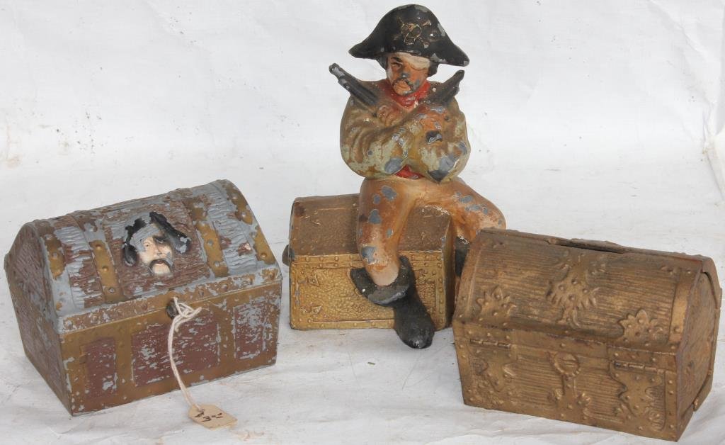 LOT OF 3 STILL BANKS TO INCLUDE: 2 PIRATES CHESTS, AND PIRATE ON A CHEST, 2 3/4" - 6" H