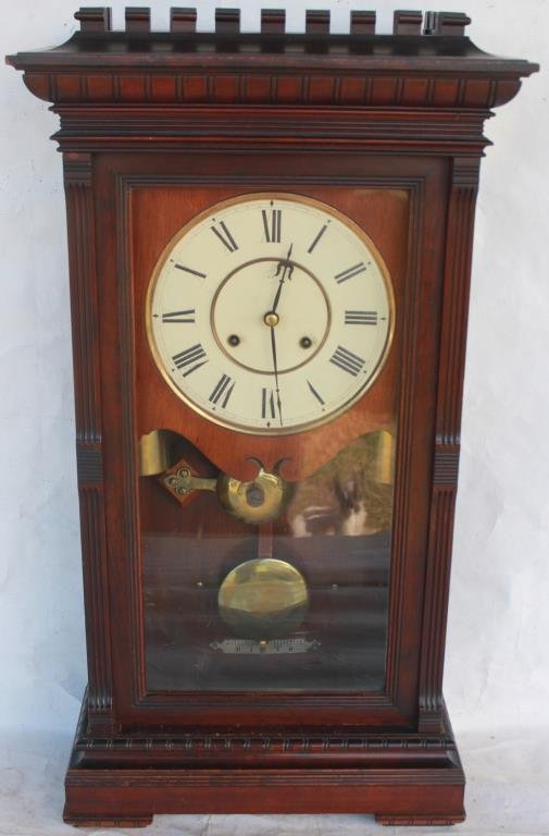 SETH THOMAS GARFIELD WEIGHT DRIVEN SHELF CLOCK: ORIGINAL CONDITION, BRASS WEIGHTS AND PENDULUM, WORKING CONDITION, 1 SMALL MOLDING PIECE MISSING FROM TOP. APPRX 29 1/2"H X 15"W X 6"D