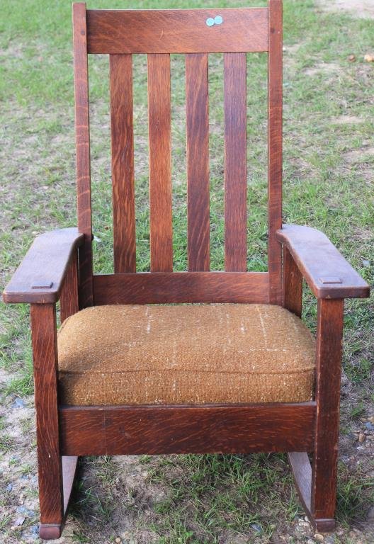 STICKLEY BROTHERS MISSION OAK ARMED ROCKER: NATURAL FINISH, OLD REUPHOLSTERED SEAT. 39"H X 27 1/4"W X 30"D
