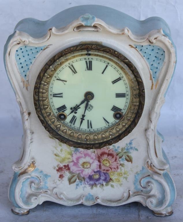 ROYAL BONN PORCELAIN CLOCK "LA CHALET" W/ ANSONIA: MOVEMENT, TIME AND STRIKE, 10 1/2"H X 8 1/2"W X 5"D