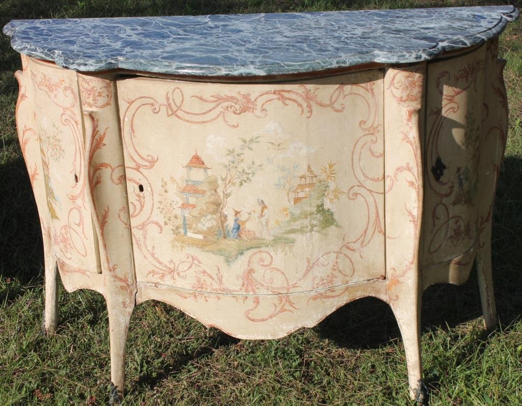 EARLY 19TH C. FRENCH PAINTED COMMODE W/ 3 DOORS: REPLACED GREEN MARBLE TOP, SHOWS SOME PAINT LOSS, 34 1/2"H X 46 1/2"W X 18 3/4"D