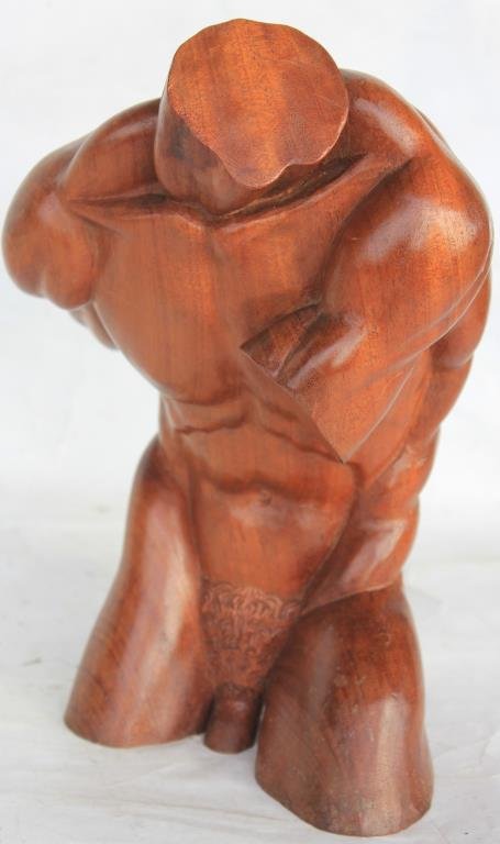 CONTEMPORARY CARVED WOOD NUDE MALE TORSO FIGURE: BY HILDEBRANDOLO RIO '81 WITH GALLERY LABELS, (JOSE DE SOUZA HILDEBRANDOLO), 10 1/2"H,