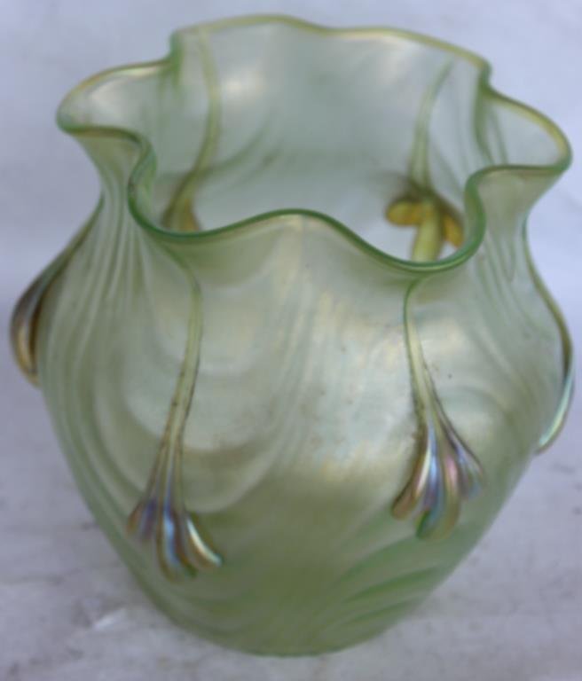 LOETZ COPPELIA BLOWN AUSTRIAN ART GLASS VASE: APPLIED DESIGN. APPRX 6 1/4"H X 7"D, NO VISIBLE DAMAGE, POLISHED PONTIL. C. 1904.