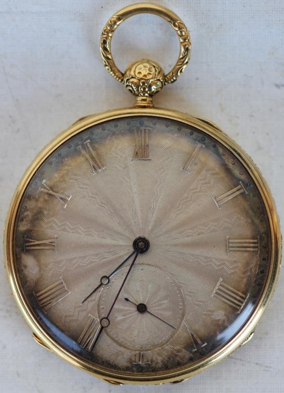 18K GOLD ENGLISH POCKET WATCH MARGUAND & BROS: ENGRAVED SILVER OPEN FACE, DUPLEX ESCAPEMENT JEWELED ROLLER AND LEVER COMPENSATION, 8 HOLES JEWELED, 1 7/8 DIAMETER, 72.4 GRAMS TOTAL WEIGHT
