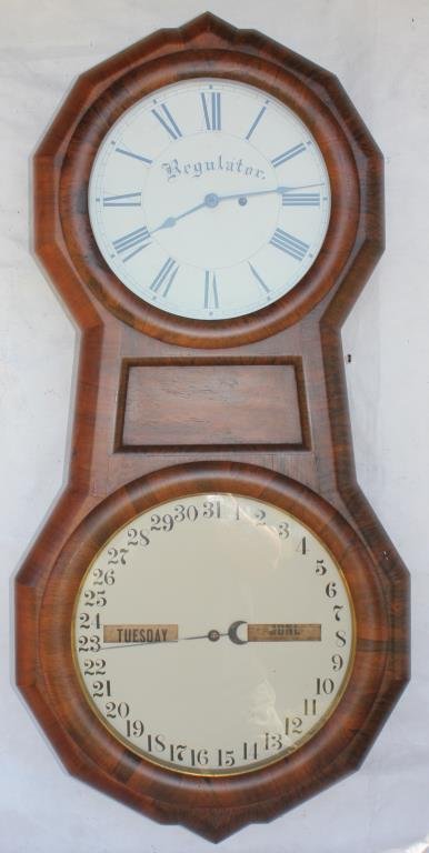 SETH THOMAS #1 OFFICE CALENDAR REGULATOR: RESTORED DIALS, ORIGINAL MAHOGANY VENEERED CASE. APPRX 39 1/2"H X 19"W X 6 3/4"D